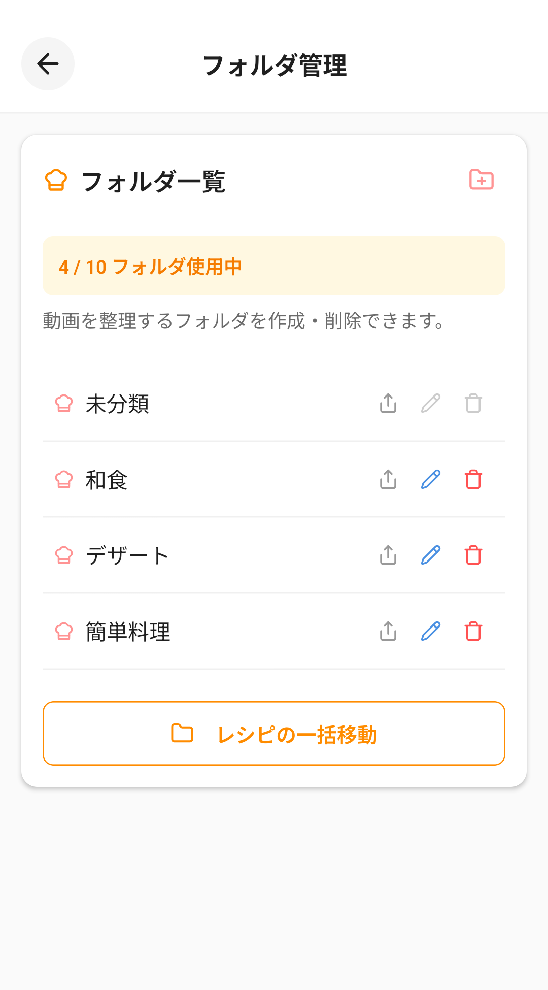 レシピポケットのフォルダ管理画面。「4 / 10 フォルダ使用中」と表示されている